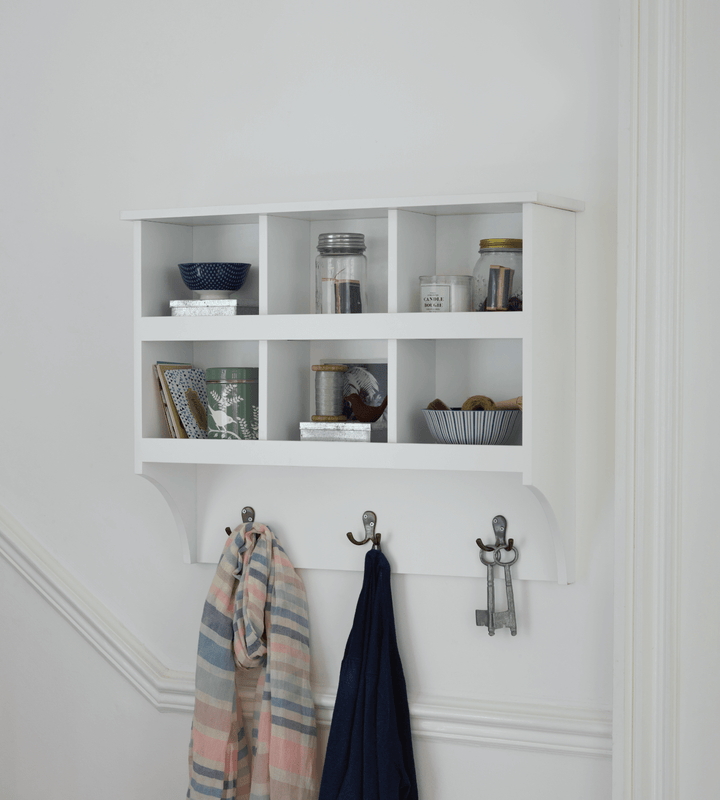 White bathroom shelf outlet with hooks